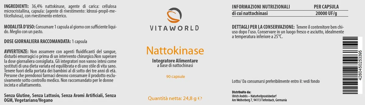 Pack di 3 Vita World Nattokinase 100mg 2000 FU 3 x 90 Capsule I Vegano I Made in Germany I La fonte vegetale di plasmina