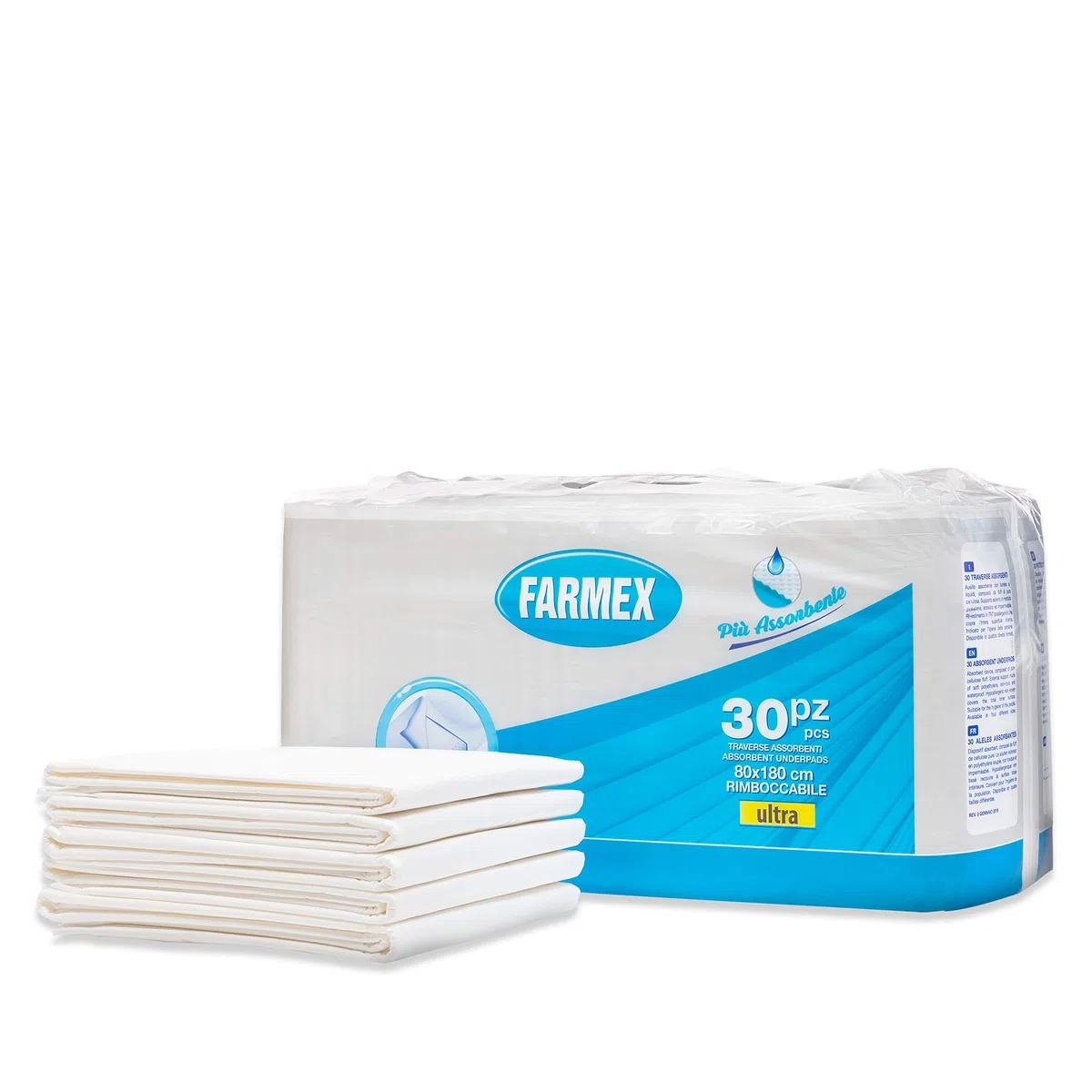Farmex - Traverse Assorbenti Rimboccabili Per Letto (oppure per Lenzuola e Materassi), Ultra Assorbenza, Delicate sulla Pelle - Dimensioni 80 x 180 cm, 30 Pezzi
