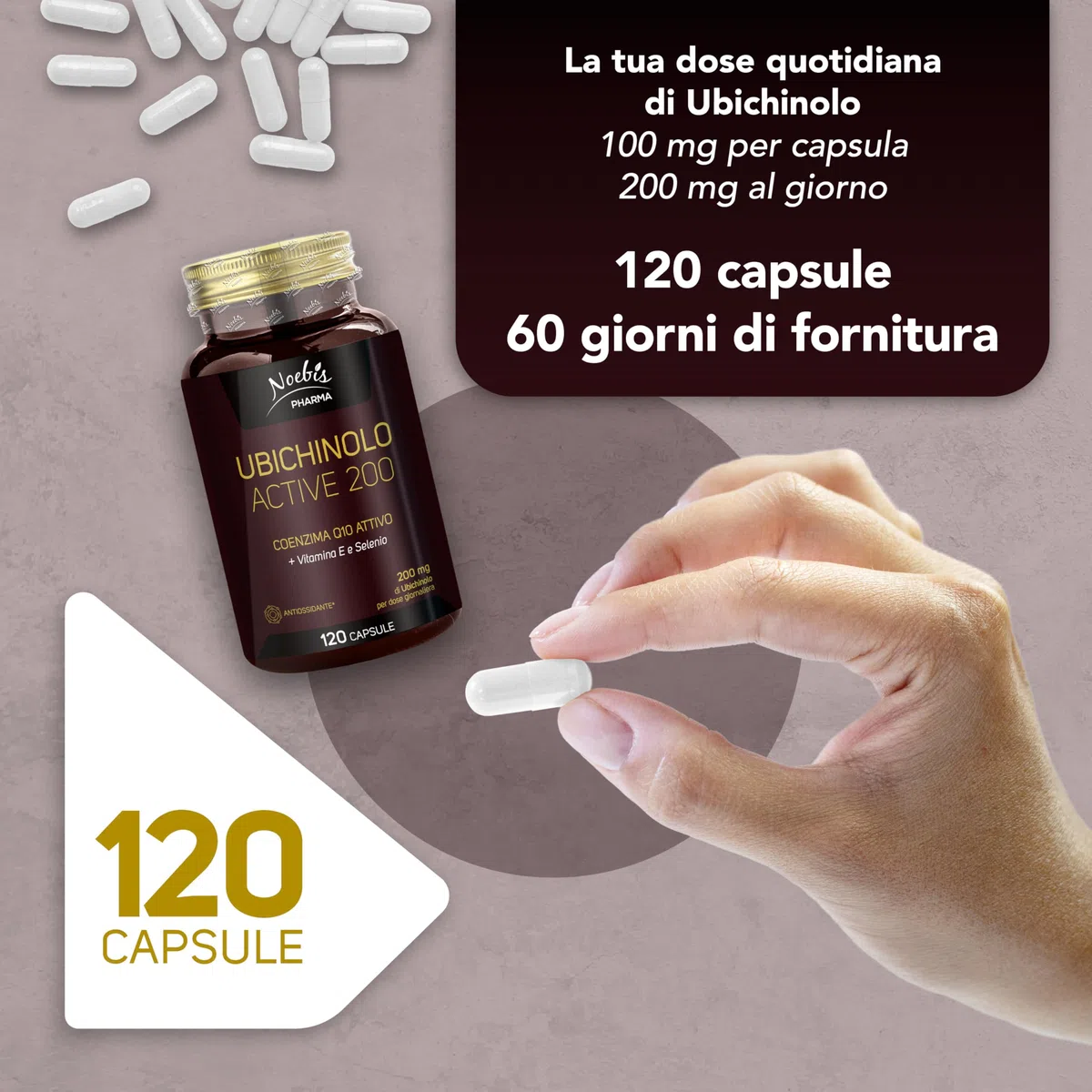 Noebis Pharma Ubiquinolo Active 200 – 120 Capsule (1 x 120) con Vitamina E e Selenio – Coenzima Q10 Attivo – Confezione Singola
