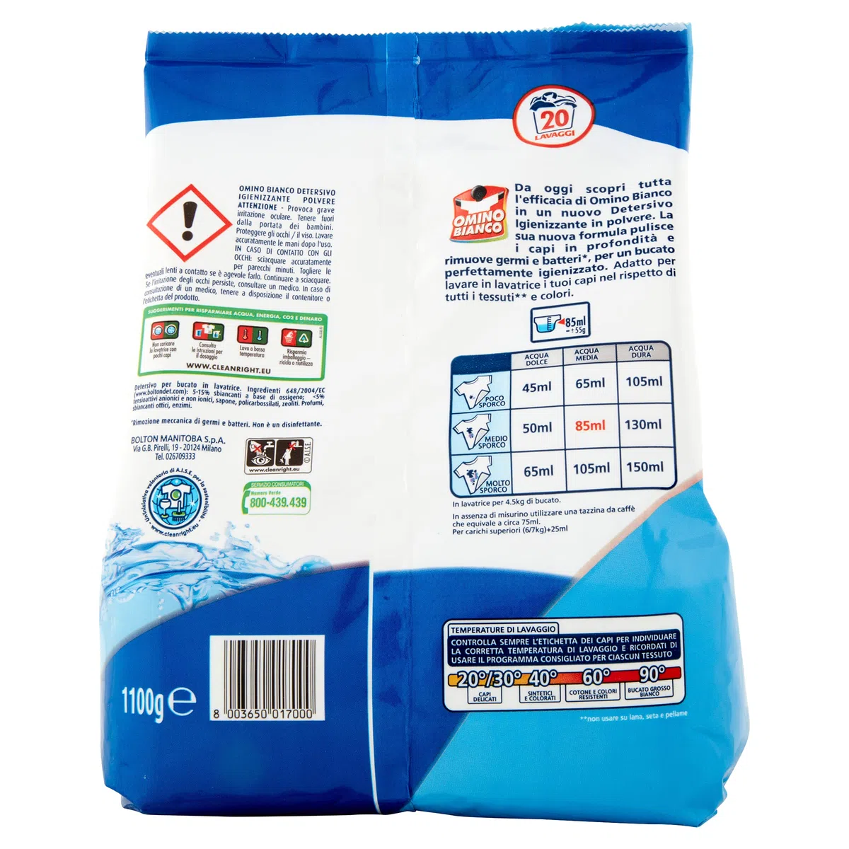 Omino Bianco - Detersivo Lavatrice in Polvere, 160 Lavaggi, Igienizzante con Antibatterico, Rimuove Germi e Batteri, 1100 gr x 8 Pezzi