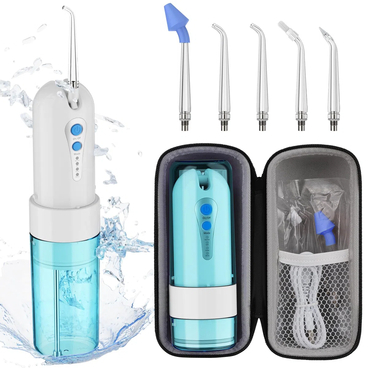 Idropulsore Dentale Senza Fili, Mini Irrigatore Orale Portatile con Custodia, 4 Modalità e 5 Ugelli, Filo Interdentale Elettrico, IPX7 Impermeabile, Adatto per Casa e Viaggi, Blu
