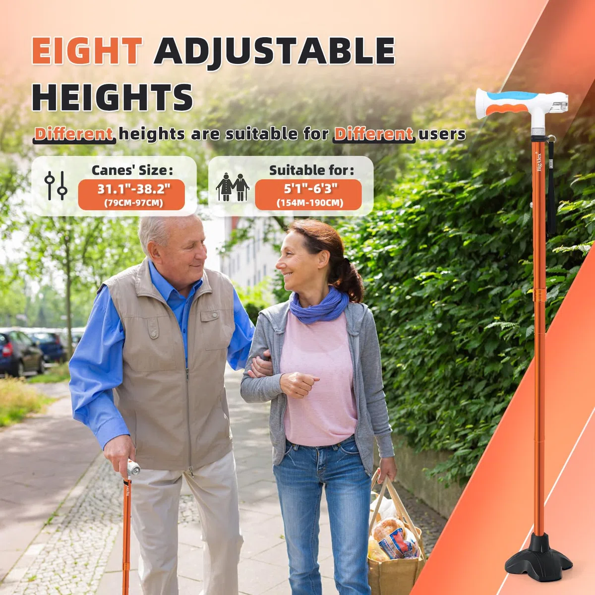BigAlex Bastone per Anziani con Doppia Luce LED, Bastone da Passeggio Pieghevole Regolabile in Altezza, Base Antiscivolo, Supporto per Camminata Stabile, Ausilio Portatile per Anziani