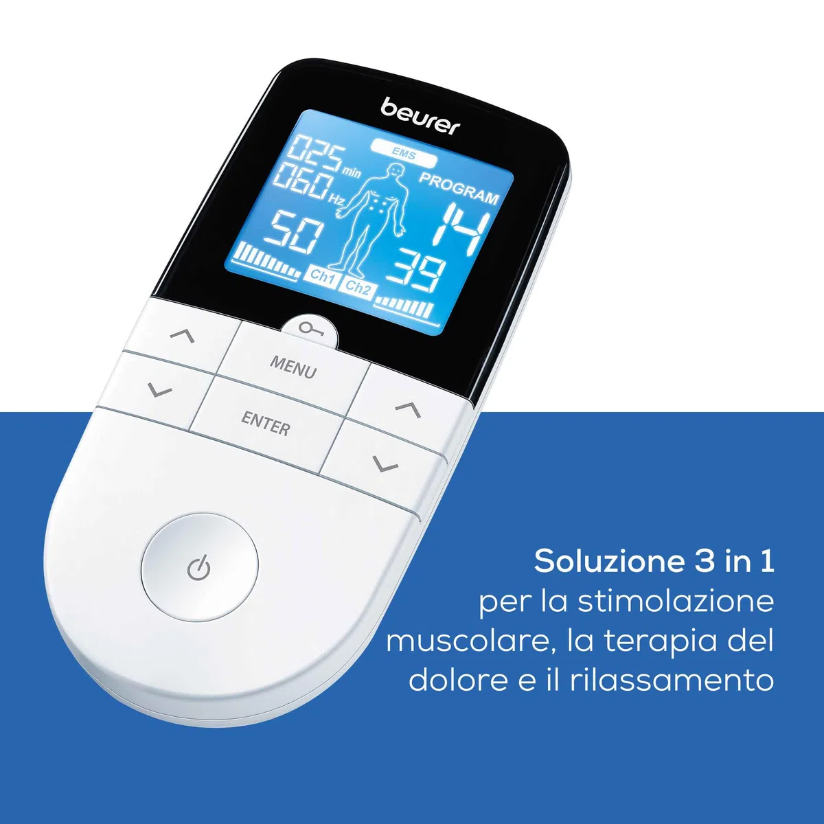 Beurer EM 49 Digital TENS/EMS, elettrostimolatore 3 in 1 per alleviare il dolore tramite elettrostimolazione nervosa, allenamento EMS, funzione massaggio, 2 canali, 6 programmi, 4 elettrodi