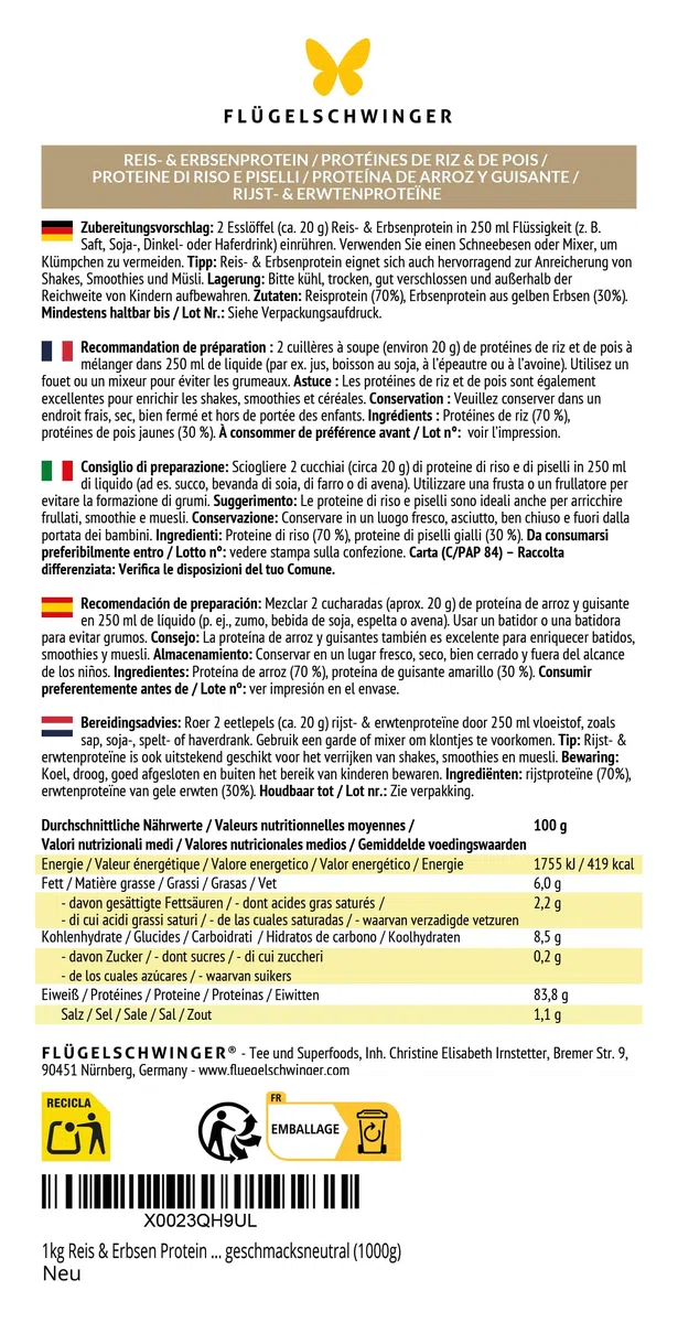 1 kg Proteine di riso & pisello 7:3, 83,8% proteine, senza additivi, 70% proteine di riso & 30% proteine di pisello, naturalmente vegano, senza lattosio & senza soia, gusto neutro (1000 g)