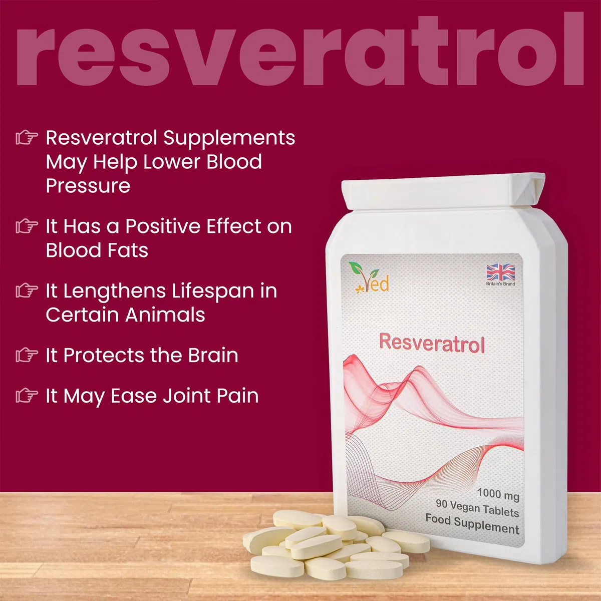 Ved Anti-età, Salute del cuore, Supporto immunitario | Integratore antiossidante | Compresse di resveratrolo | 1000 mg x 90 compresse ((confezione da 2)