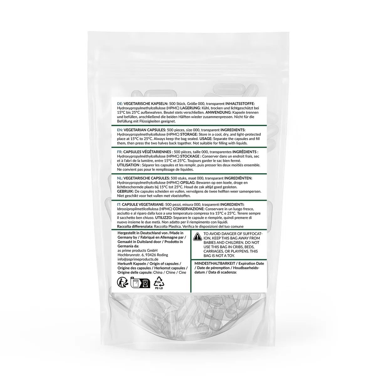 SHROOMY Capsule vuote HPMC – Dimensione 000 – vegano e trasparente – 500 pezzi