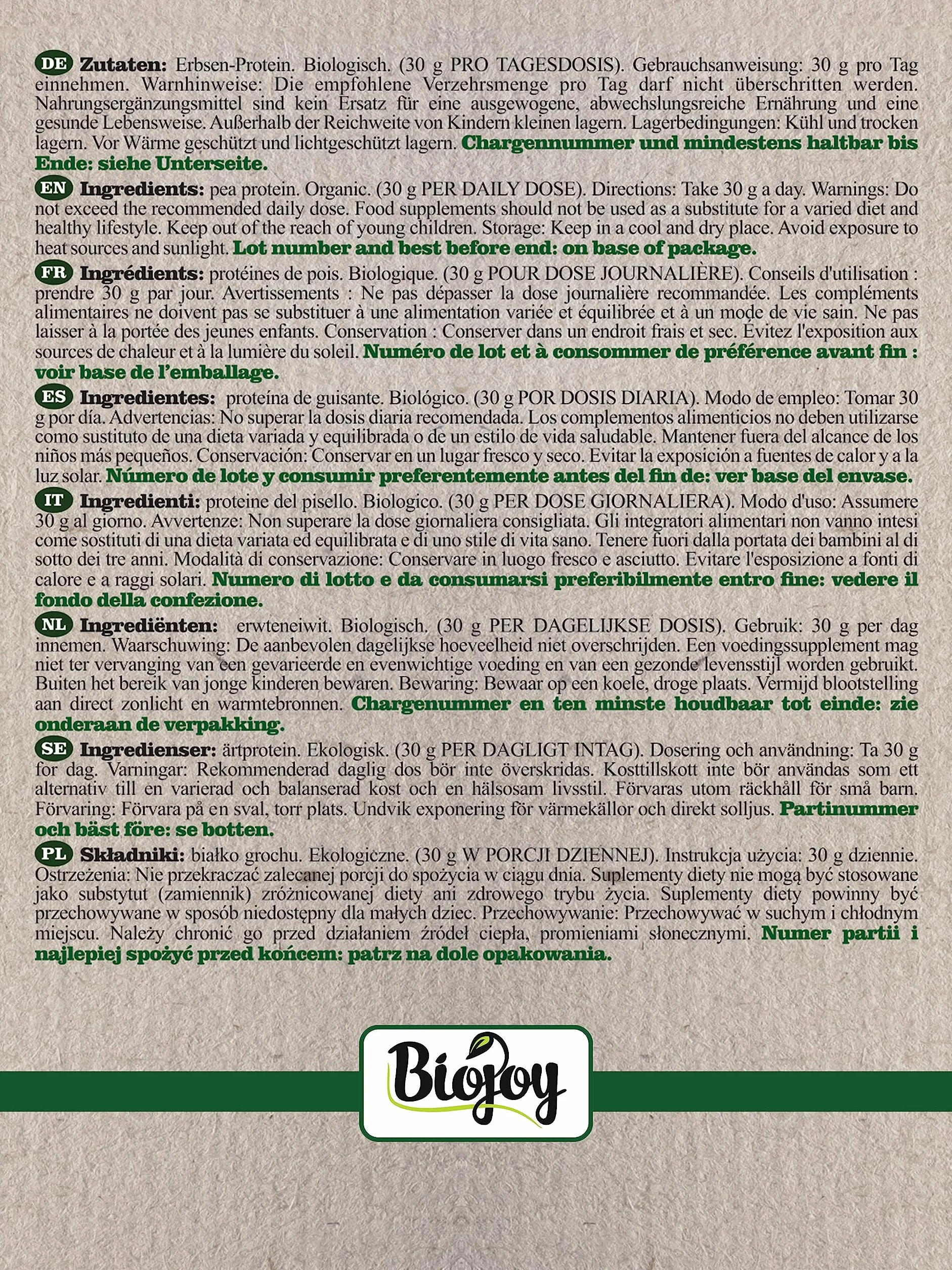 Biojoy Proteina di Piselli Biologiche (1 kg), senza additivi