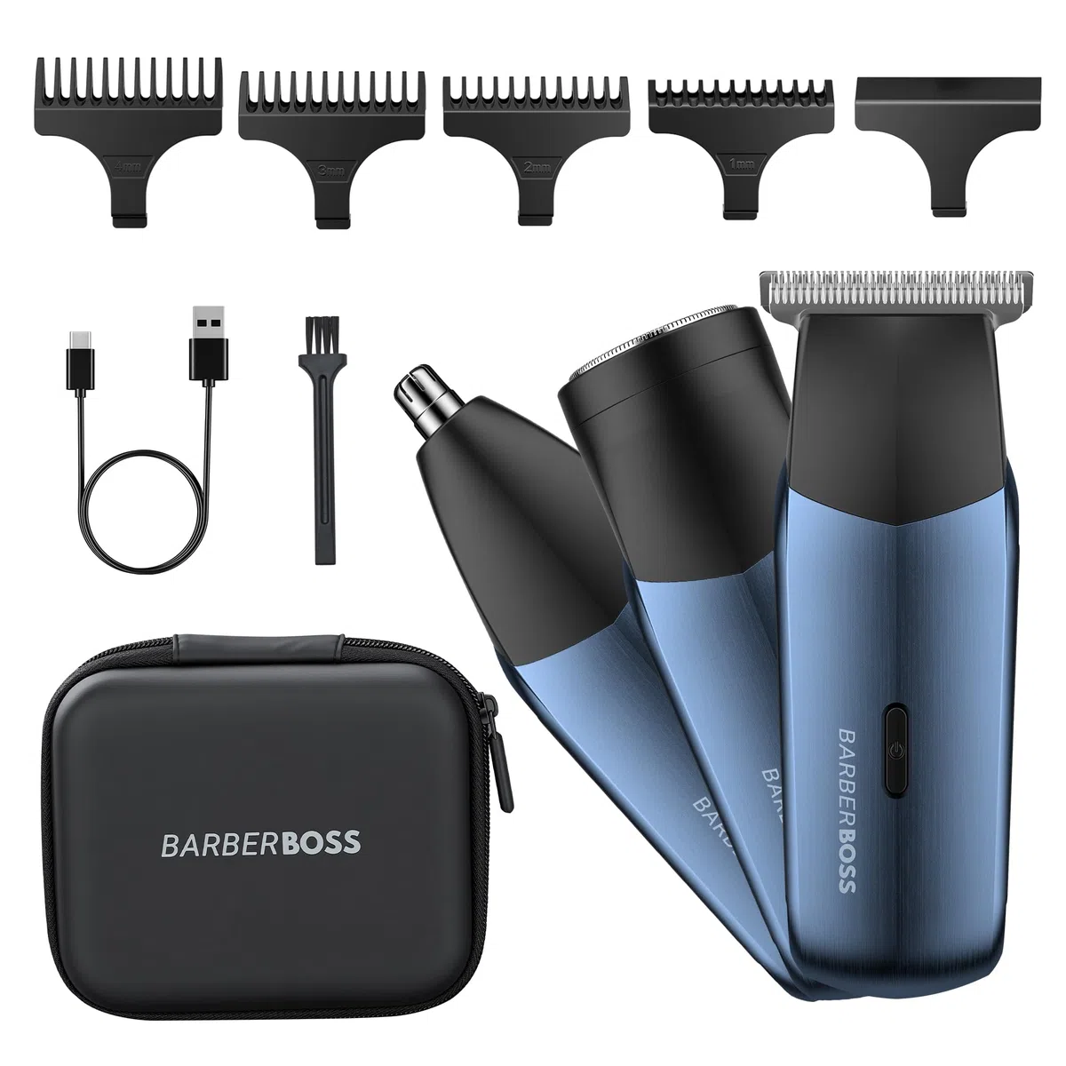 BarberBoss Rasoio elettrico da uomo 3 in 1, kit da viaggio per uomo, rasoio per barba e capelli, trimmer naso e orecchie, mini testina di rasoio, toelettatura maschile (Blu Navy Metallizzato)