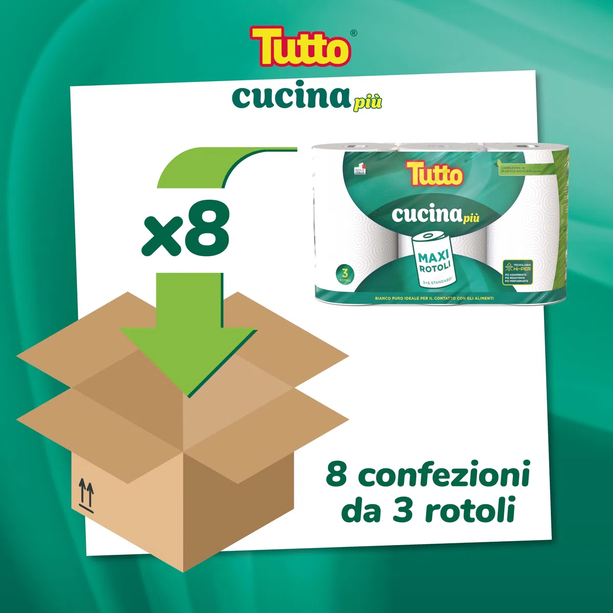 Asciugatutto TUTTO CUCINA PIU’, 24 Rotoli, Adatto a Tutte le Superfici, Carta Super Assorbente e Resistente, Tecnologia HI-PER, Made in Italy, 821706