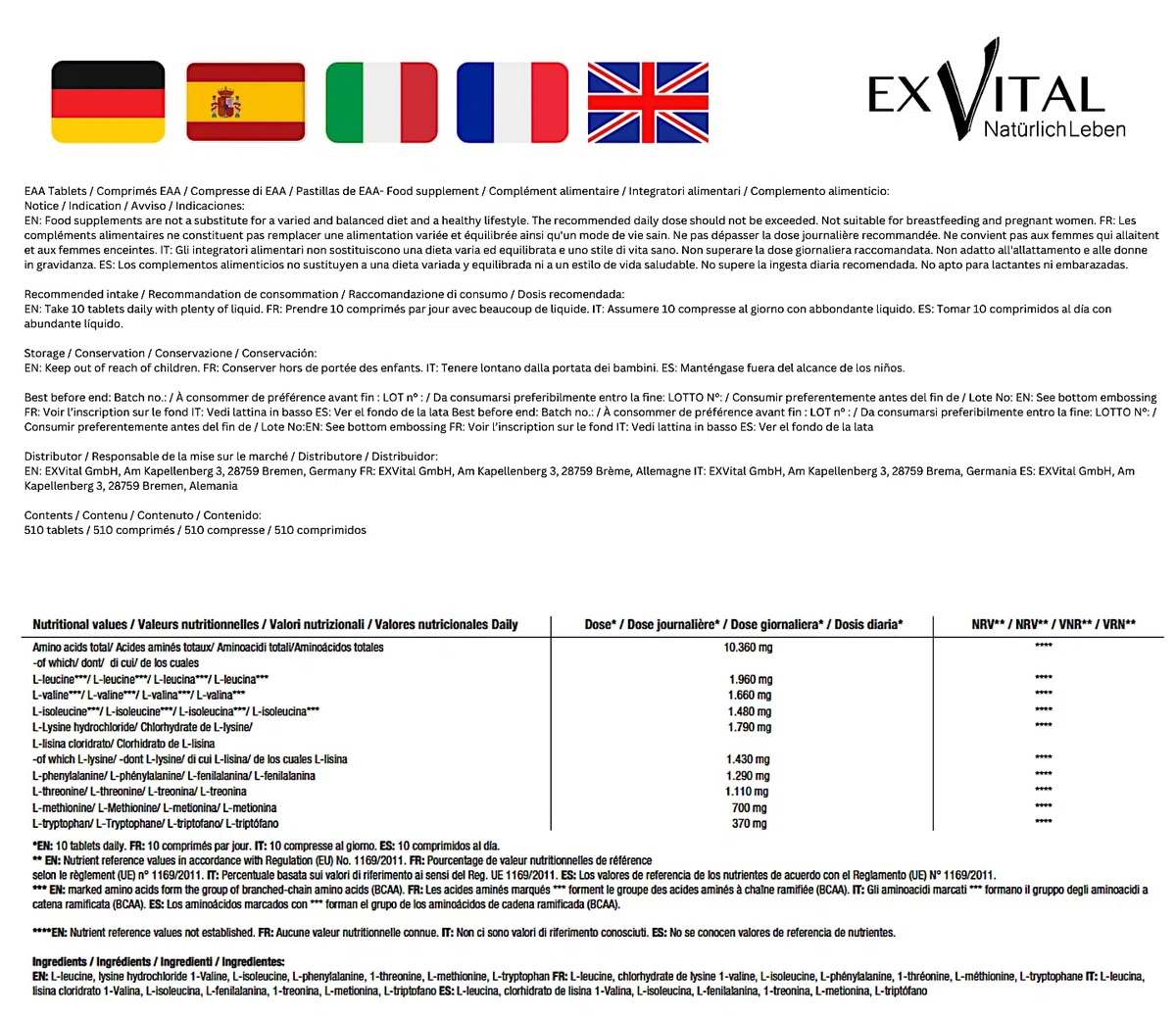 EXVital® EAA Aminoacidi Essenziali con 1036 mg per compressa - 510 compresse, Tutti gli 8 aminoacidi essenziali EAA - Multi Amino altamente dosati - Vegano - Prodotto in Germania- Senza additivi