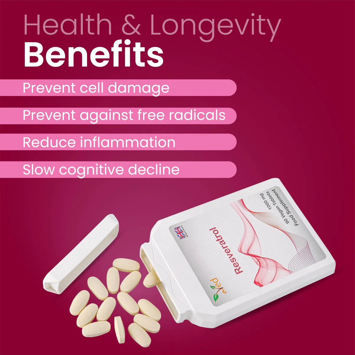 Ved Anti-età, Salute del cuore, Supporto immunitario | Integratore antiossidante | Compresse di resveratrolo | 1000 mg x 90 compresse ((confezione da 2)