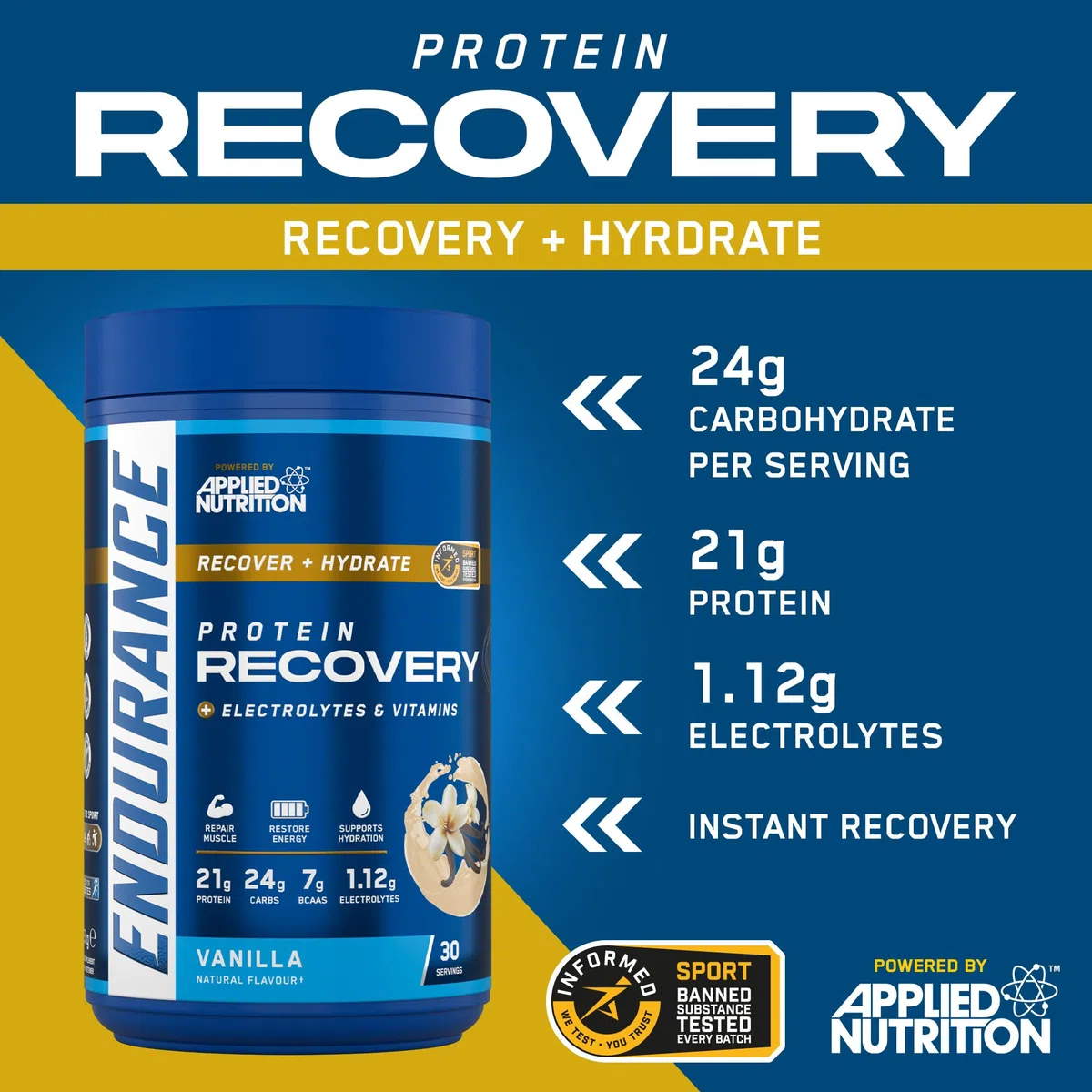 Applied Nutrition Endurance Protein Recovery Vaniglia 1,5 kg con Carboidrati, Elettroliti, BCAA, Vitamine e Minerali - 30 Porzioni - Senza Glutine, Lattosio e Noci - Recupero Muscolare