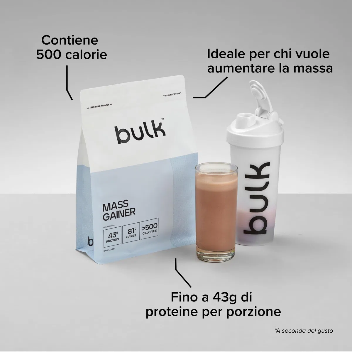 Bulk Mass Gainer Completo | Cioccolato | 16 porzioni | 43g proteine per porzione | 81g carboidrati | 500 kcal per porzione | Gainer ipercalorico | Supporta crescita e mantenimento muscolare