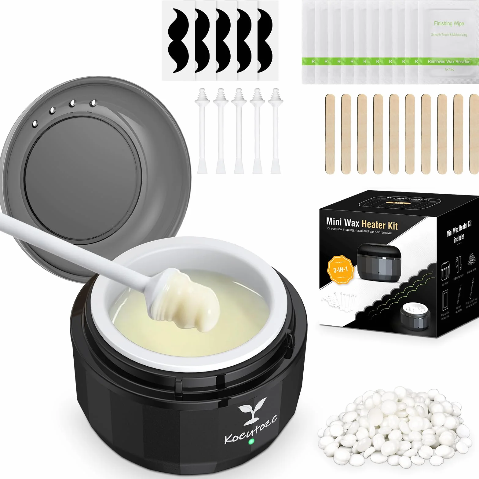 Kit di ceretta Naso per Uomini e Donne – Ceretta Viso con 100g Perle di Cera, 5 Bastoncini Naso & Orecchie, 10 Mascherine Baffi, Mini Scaldacera Elettrico con USB togli peli naso