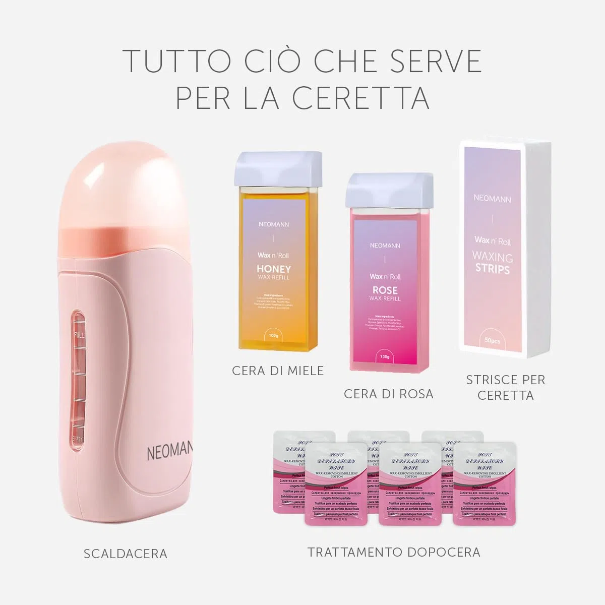 Wax n'Roll - Kit rullo per cera con 1 rosa e 1 ricarica di miele, 50 strisce, 6 salviette per la cura della pelle, scaldacera roll-on per una pelle liscia
