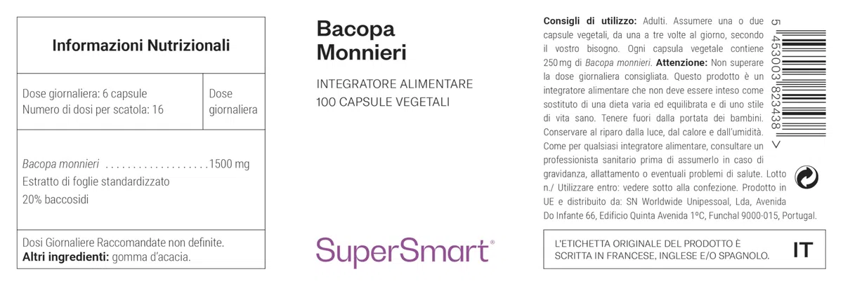 Bacopa Monnieri - Estratto concentrato di foglie di Baccoside (50%) - Contribuisce a migliorare la memoria, la capacità di apprendimento e l'elaborazione delle informazioni - SuperSmart