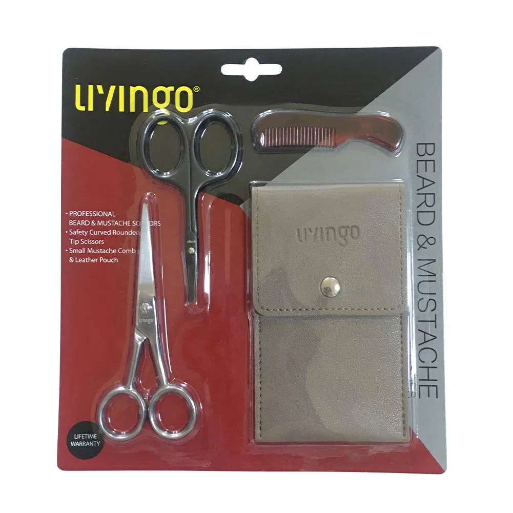 LIVINGO Forbici da Barba e Baffi da 4,5 cm, Professionale, Punta Arrotondata, in acciaio inox per la sicurezza, piccola bellezza del viso, naso, kit con mini pettine e custodia in pelle