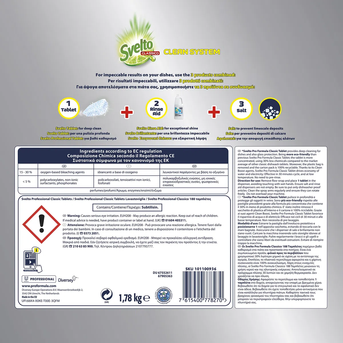 3x Svelto Professional Detersivo Classico in Pastiglie per Lavastoviglie Pro Formula Eco Detergente - 3 Confezioni da 188 Tabs ciascuna