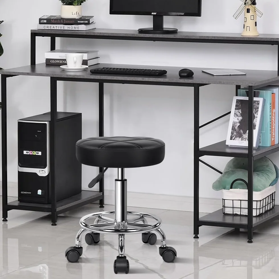 KKTONER Sgabello Rotondo con Ruote Regolabile, Sedia da Lavoro Imbottita con Cuscino in Pelle, Piccolo e Confortevole, per Casa, Parrucchiere, Ufficio, Studio Nero