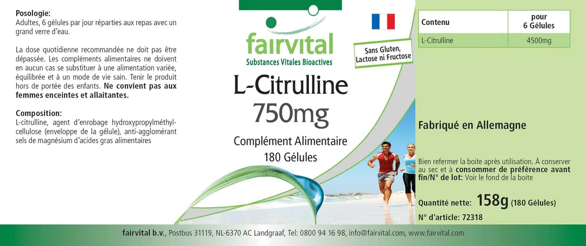 fairvital L-citrullina capsule 750 mg, ALTO DOSAGGIO, VEGANO, 180 capsule