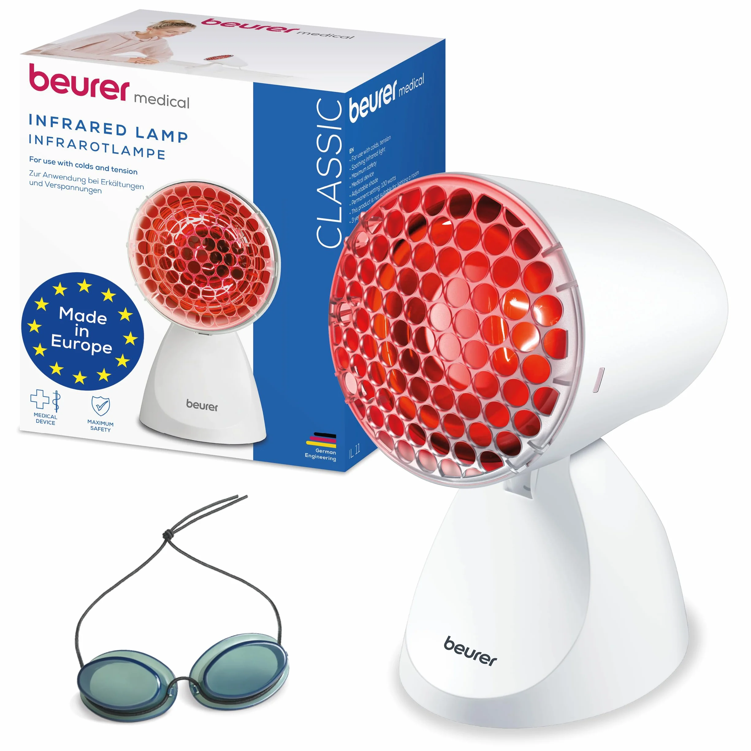 Beurer IL 11 Lampada a Infrarossi 100W – Terapia del Calore per Raffreddore, Dolori Muscolari e skincare – 5 Inclinazioni, Griglia di Protezione, Occhiali di Sicurezza Inclusi – Dispositivo Medico