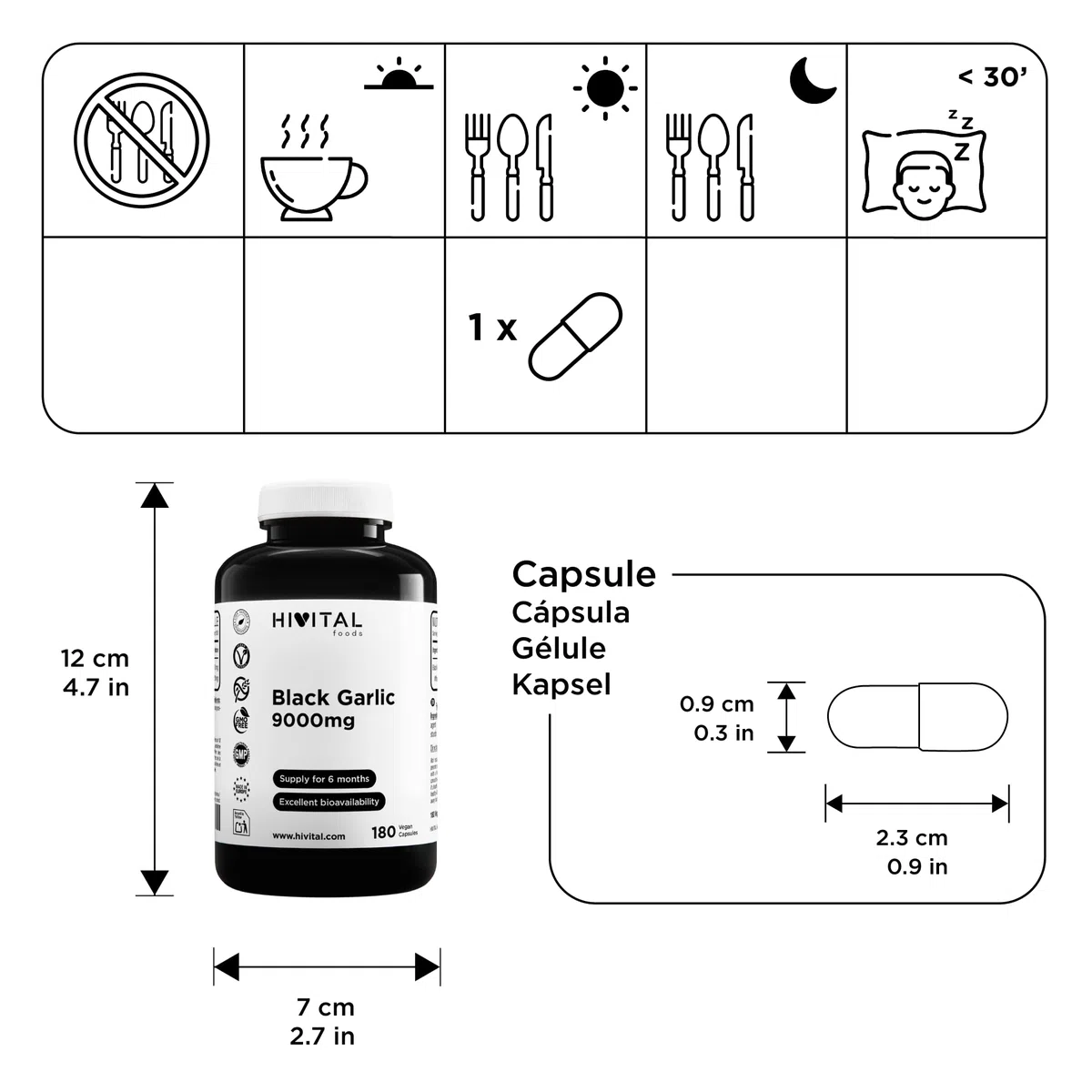 Aglio Nero 9000 mg. 180 capsule vegane per 6 mesi di trattamento. Estratto di aglio nero SENZA ODORE Allium Sativum. Prodotto in Europa da HIVITAL