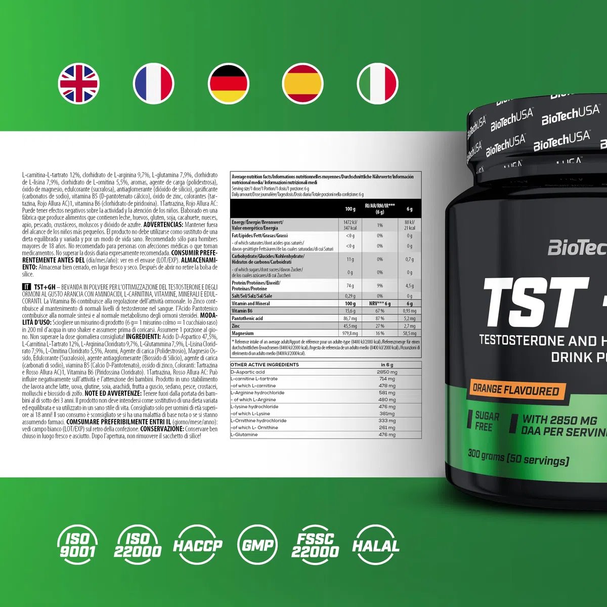 BioTechUSA TST + GH | Bevanda in polvere per il potenziamento del testosterone e degli ormoni | 2.850 mg DAA | Aminoacidi, vitamine, minerali | Senza zucchero, lattosio e glutine | 300 g | Arancione