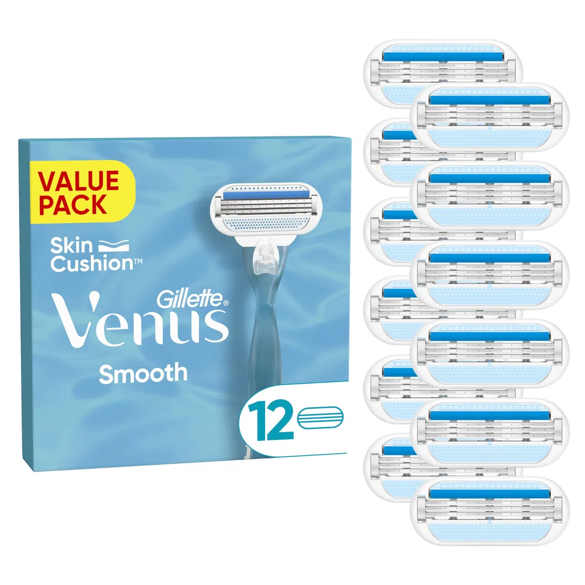 Gillette Venus Lame per rasoio lisce da donna, confezione da 12 ricariche, SkinCushion aiuta a proteggere dalle irritazioni da rasatura, confezione può variare