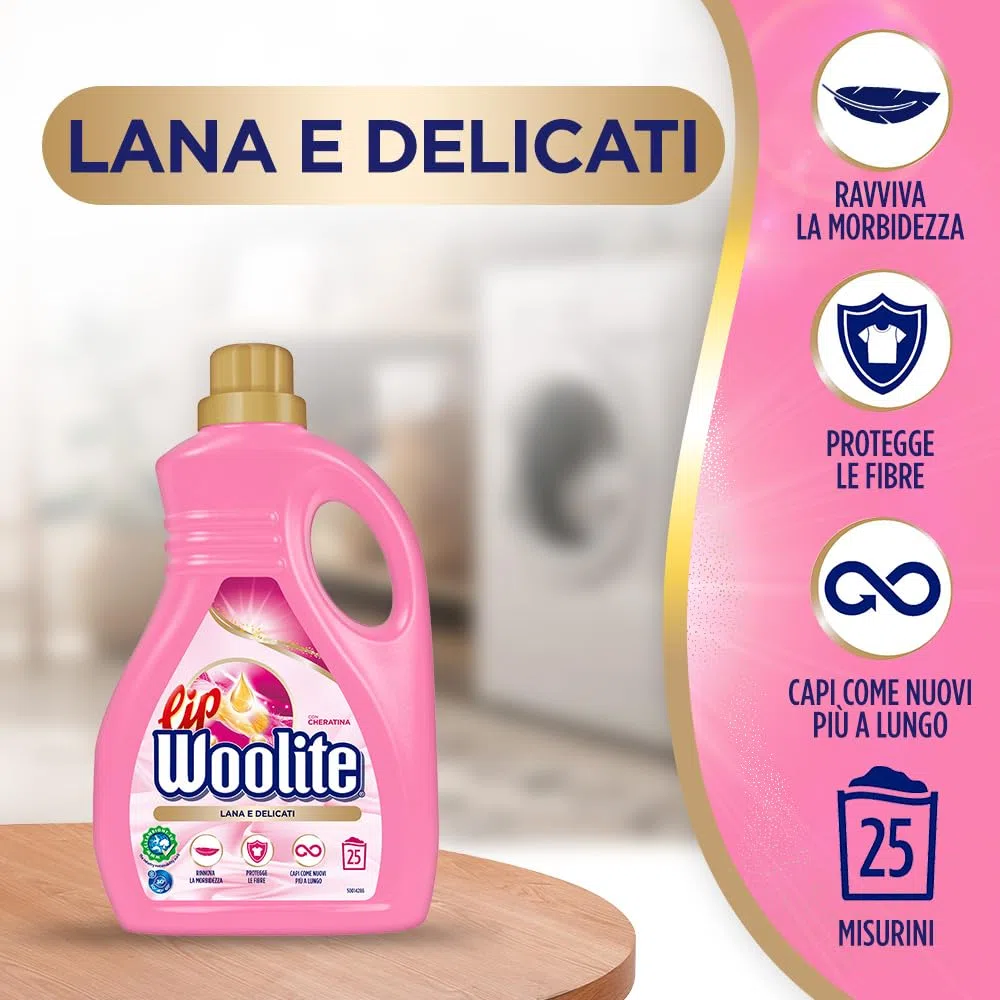 Lip Woolite Detersivo Lavatrice Lana e Delicati 25 Lavaggi, 4 Confezioni da 1500 ml di Detersivo Lavatrice Liquido Lana e Delicati con Cheratina