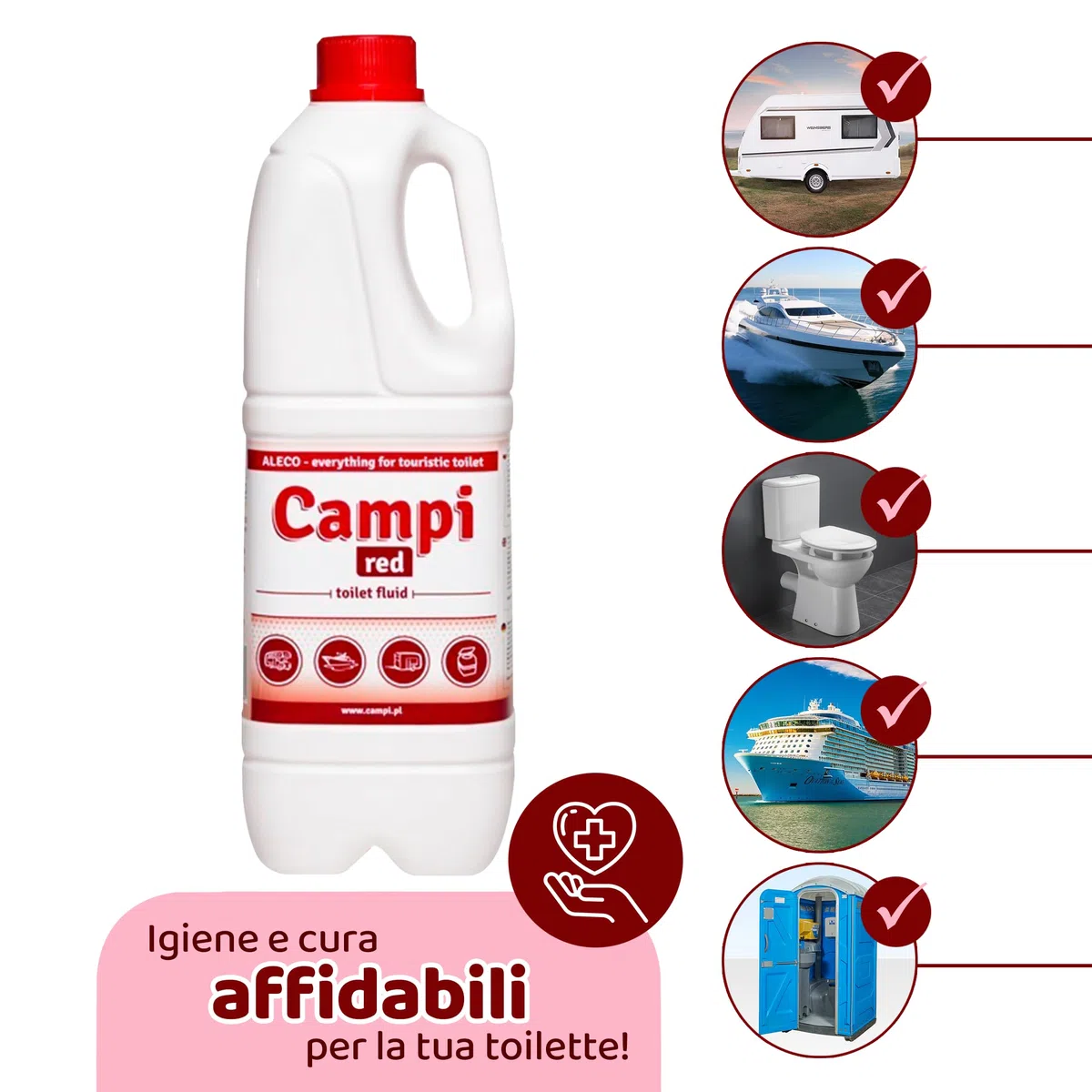 CAMPI Blue 2L + Red 2L + Carta Igienica – Set di Fluidi Chimici e Sanitari per WC da Campeggio – Additivo per WC per Serbatoi di Acque Dolci e di Scarico – Fluido per Roulotte e Barche