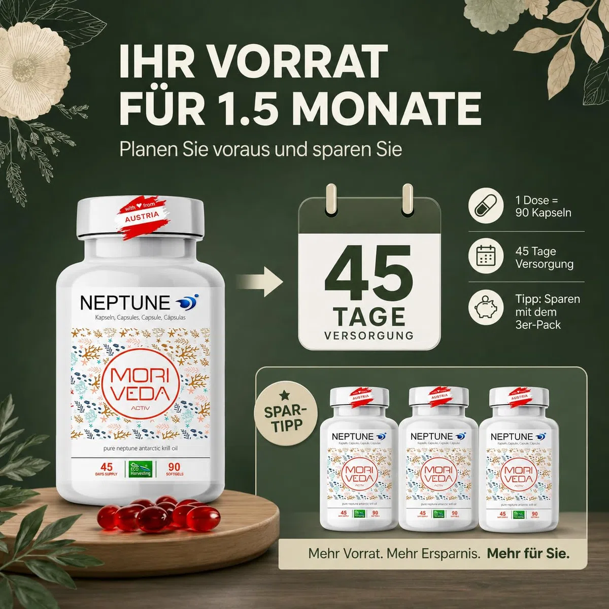 MoriVeda Neptune Capsule di olio di krill, Omega 3-6-9 EPA DHA Antiossidanti, vitamina E, colina, fosfolipidi, elevata biodisponibilità, 90 pezzi