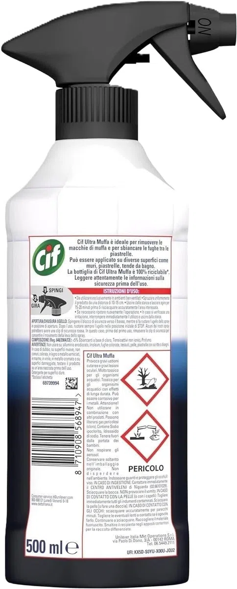 Cif Ultra Muffa Spray Antimuffa per Muri e Fughe, 500 ml, Formula Concentrata per Rimozione Macchie, Confezione da 4