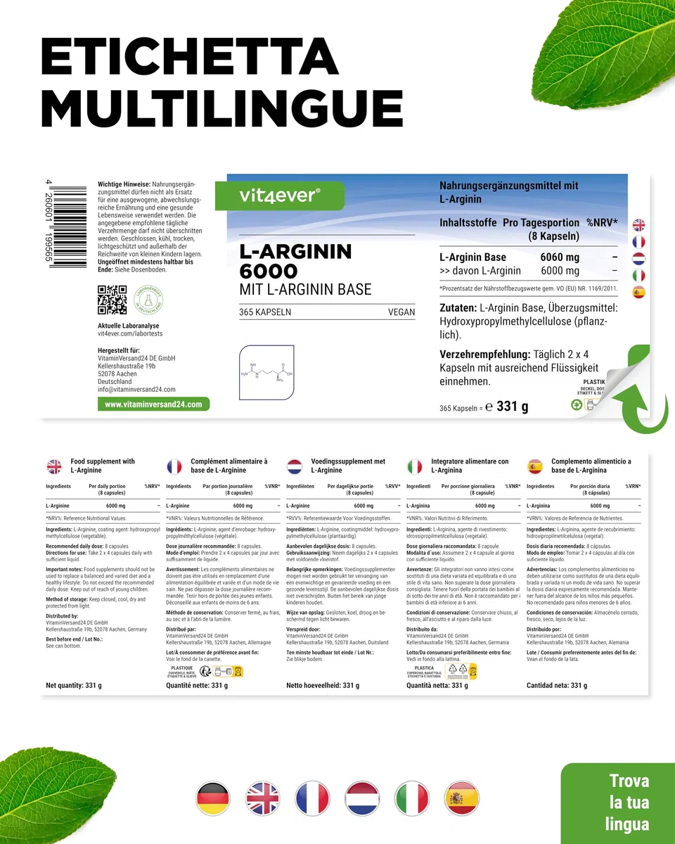 L-Arginina - 365 capsule - 6000 mg di L-Arginina pura per dose giornaliera - Prodotta per fermentazione vegetale - Altamente dosata - Senza additivi - Vegan