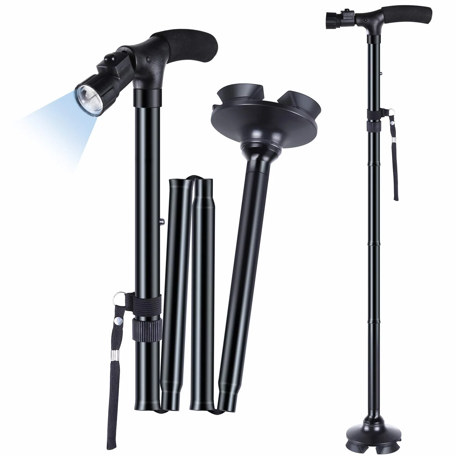 Bastone pieghevole con luce a LED, Ohuhu Bastone Passeggio Pieghevole Regolabile in Altezza per il Trasporto, con cuscino a T e base girevole, con borsa di stoccaggio