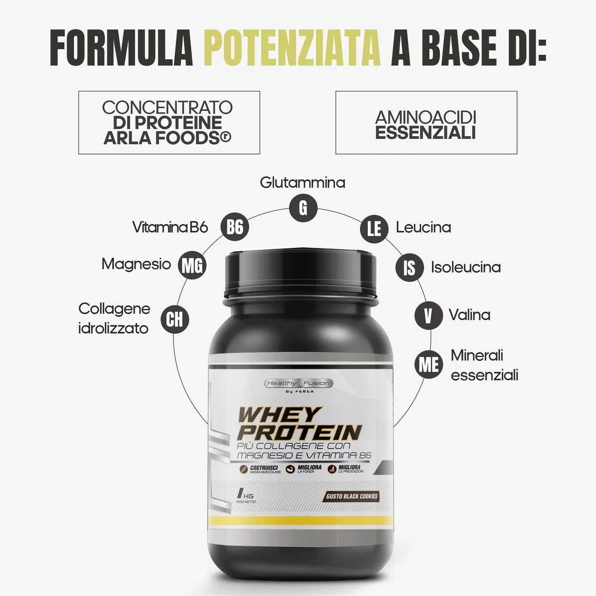 Whey Protein in Polvere Healthy Fusion | Proteina Premium 100% Pura + BCAAS + Aminoacidos | Alto Contenuto Proteico | Maggiore Crescita Muscolare, Recupero e Benessere Generale | Gusto Biscotti 1kg