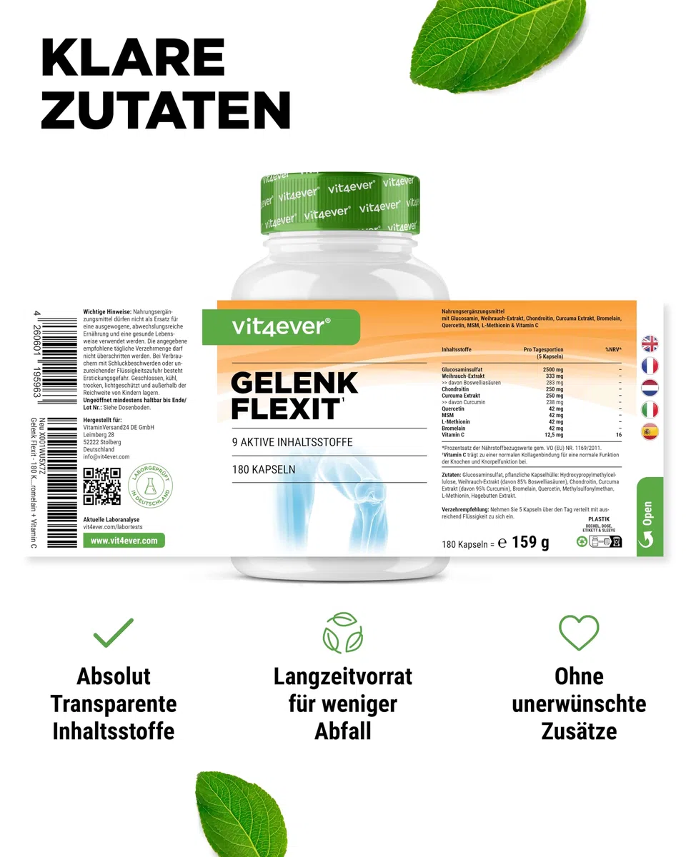 Joint Flexit - 180 Capsule - Con Glucosamina + MSM + Estratto di incenso + Condroitina + Curcuma + Quercetina + L-Metionina + Bromelina + Vitamina C