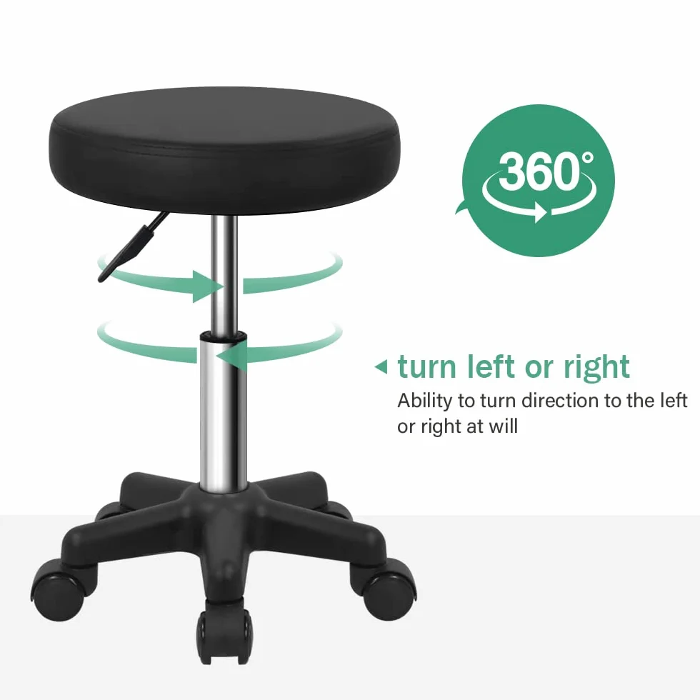 FURWOO Sgabello rotondo girevole altezza regolabile con ruote per Spa Salon Massage Nero