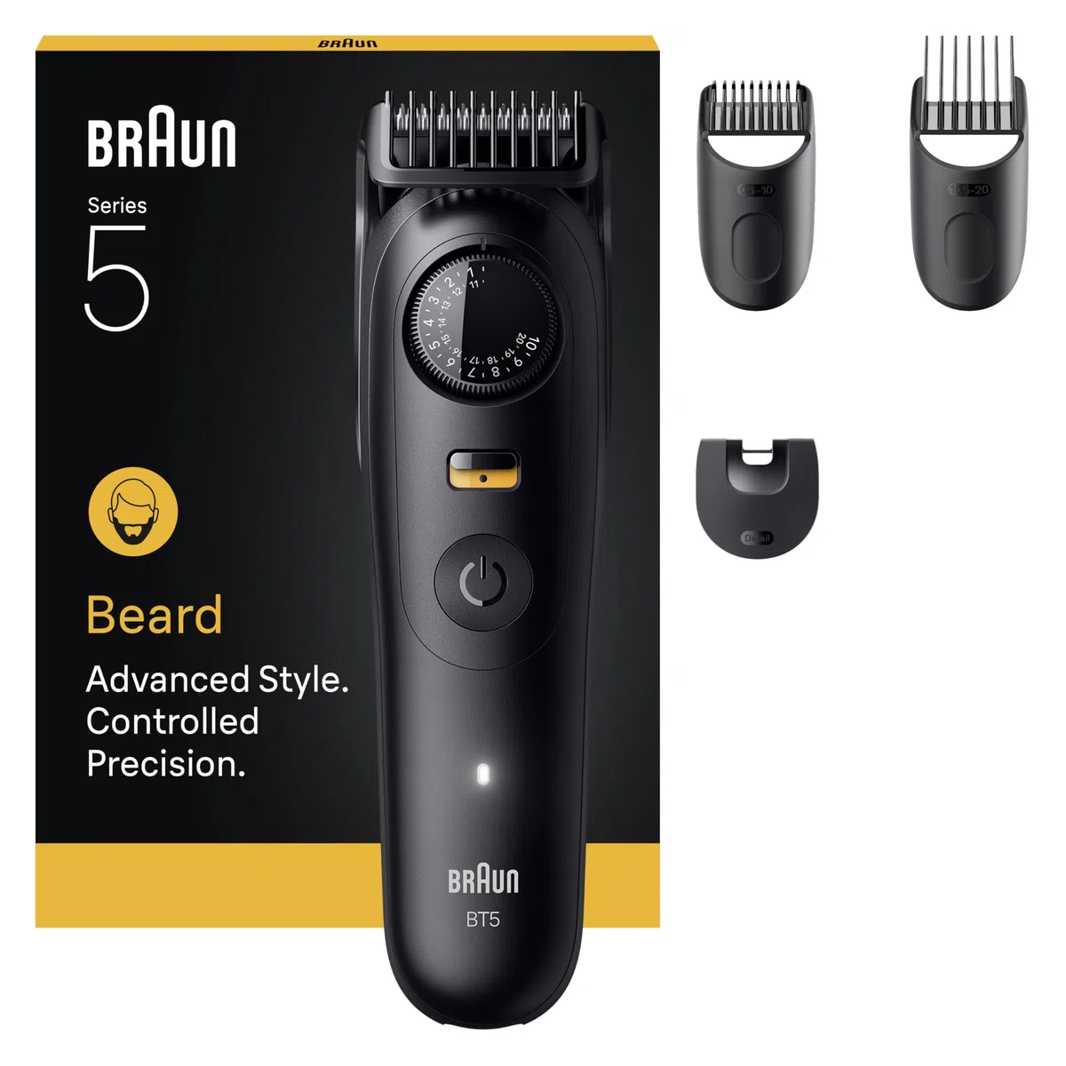 Braun Trimmer Barba Series 5, + 4 strumenti per creare il suo stile, lama ultra affilata, 120 min di autonomia, 40 lunghezze, impermeabile, rotella di precisione e bloccaggio, BT5520, nero