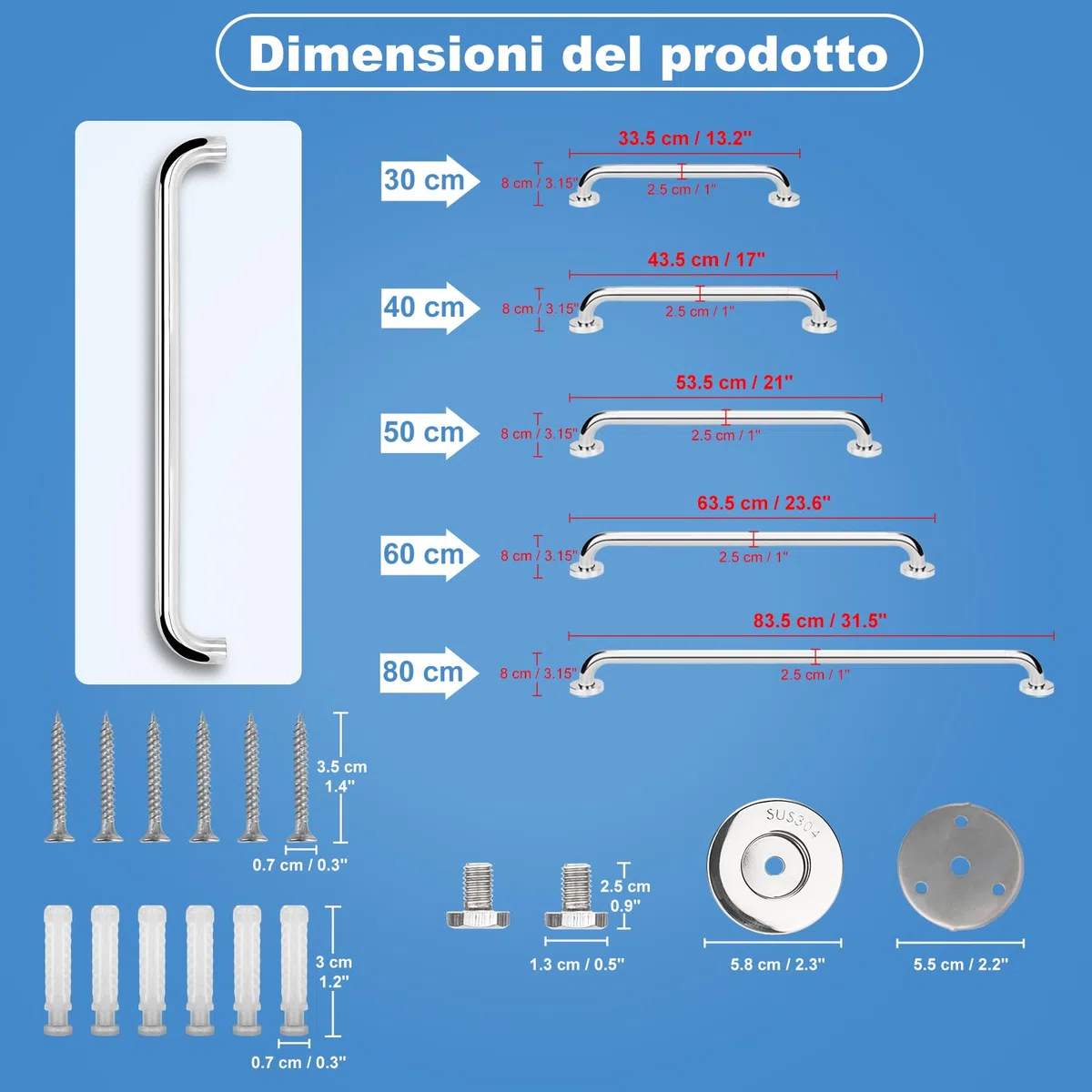 YF Maniglione Bagno, 50 cm Maniglia Doccia Anziani Acciaio Inox 304, Barra di Sicurezza per Doccia, Vasca, WC, Cucina, Scale, Disabili Robusto Corrimano per Gravida Bambini Persone Mobilità Ridotta