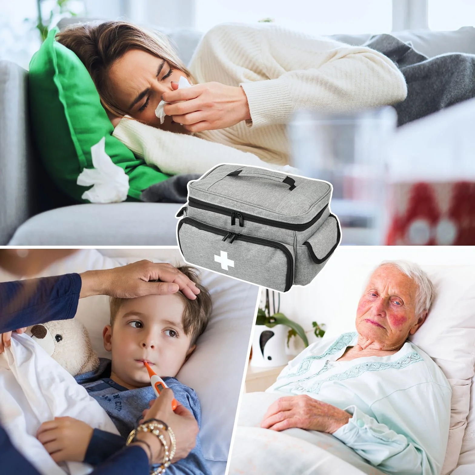 Borsa Medica Vuota, Kit di Pronto Soccorso Portatile Impermeabile, Kit Farmaci per Casa, Ufficio, Esterno, Grigio