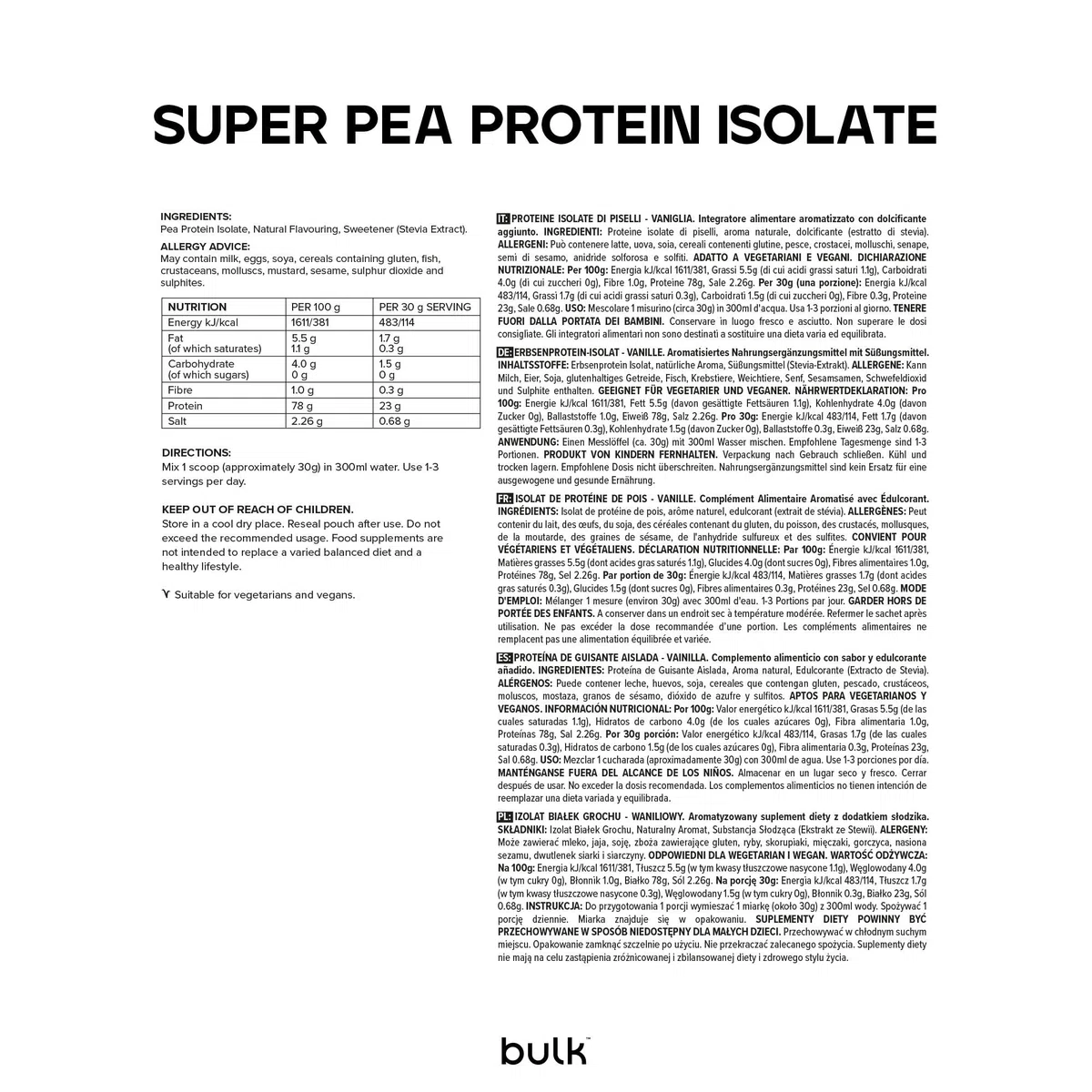 Bulk Pea Protein Isolate Powder, Vegan Protein Shake, Vanilla, 500g