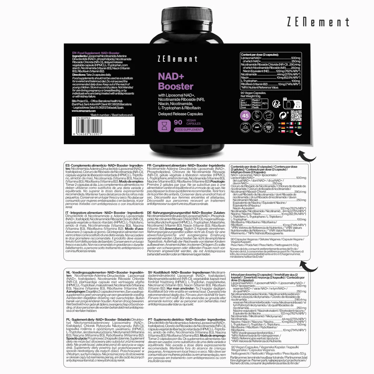NAD+ Liposomiale 500 mg con Nicotinamide Riboside 250 mg, Niacina e Riboflavina – Doppia Formula con L-Triptofano – 90 Capsule Vegane a Rilascio Ritardato, 45 Giorni – Zenement