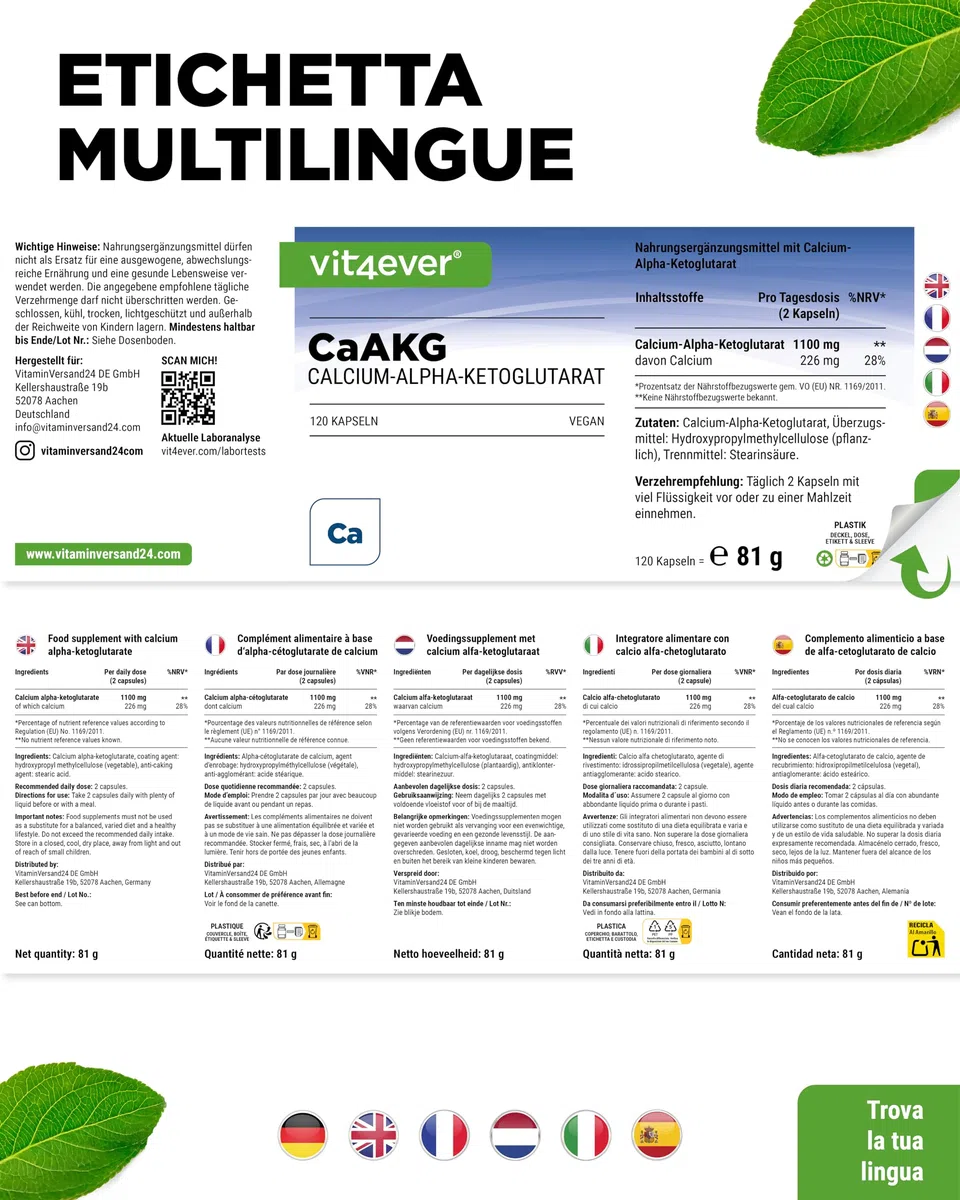 CaAKG - Calcio Alfa-Chetoglutarato - 120 Capsule - Alto Dosaggio con 1100 mg di Dose Giornaliera - Calcio Puro e Alfa-Chetoglutarato Senza Additivi Inutili, Vegano