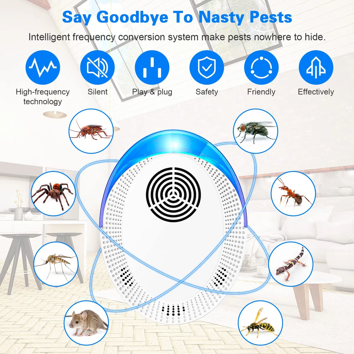 Repellente a ultrasuoni per parassiti, confezione da 4, efficace per zanzare, ragni, mosche, formiche, cimici, scarafaggi, topi, interni, sicuro per case/animali domestici del Regno Unito