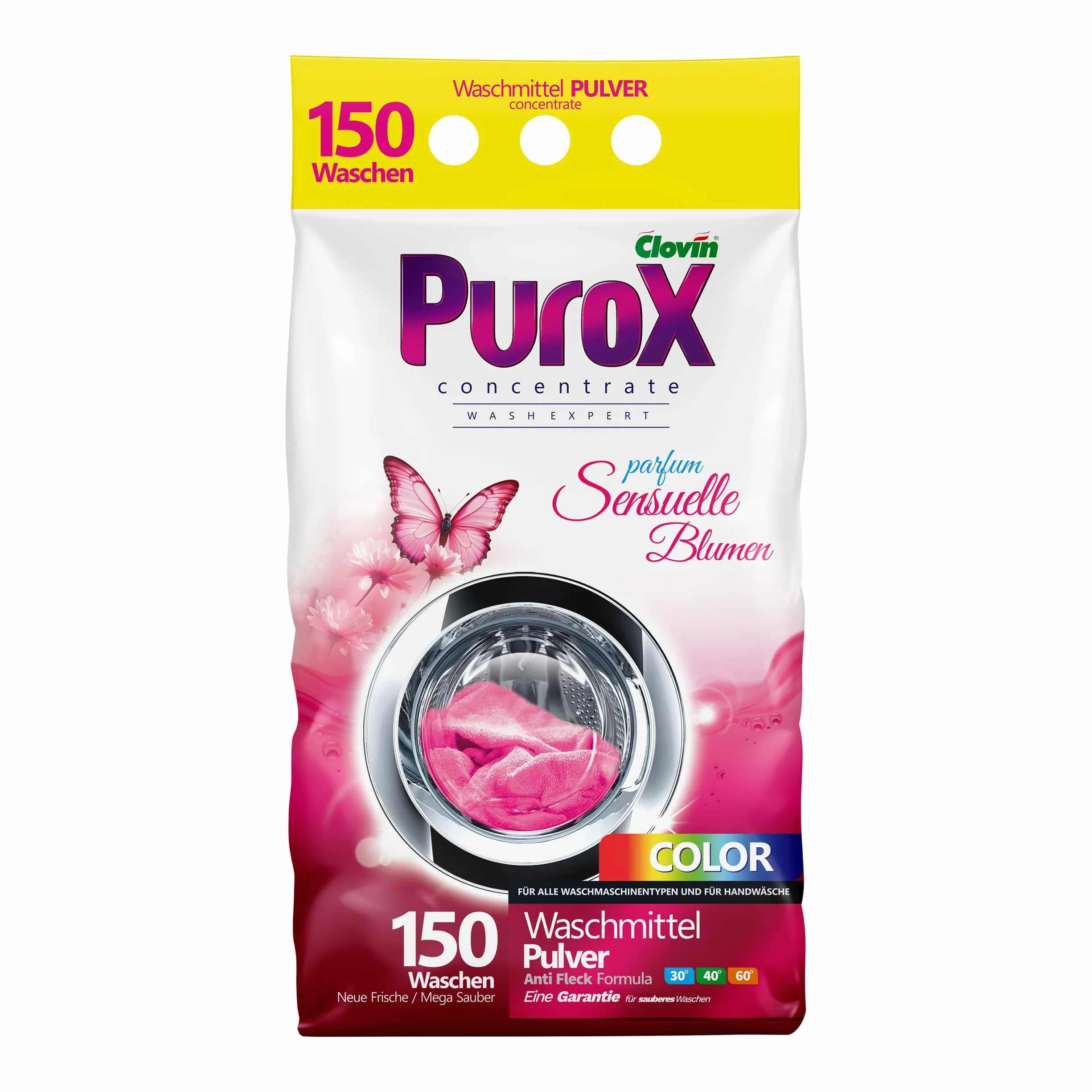 Purox Color Detersivo in polvere in bustina di alluminio, 150 lavaggi, detersivo ad alta resistenza, antimacchia, formula antimacchia, fiori sensuali, 10,5 kg