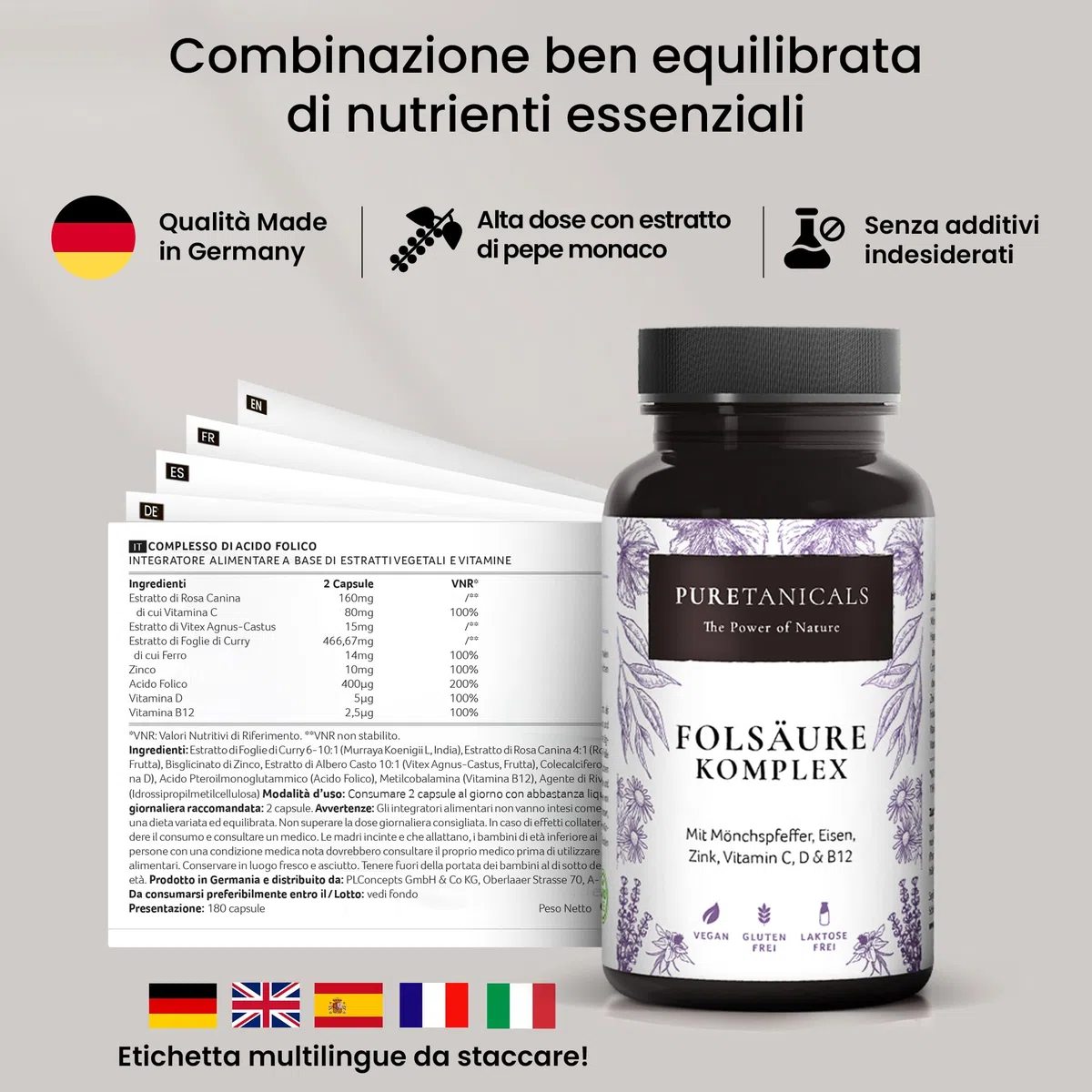 Acido Folico + Zinco Ferro C-D-B12 Complex, Alto Dosaggio Multi Vitaminico | Vitamine e Minerali Naturali Capsule | Testato in Laboratorio e Prodotto in Germania