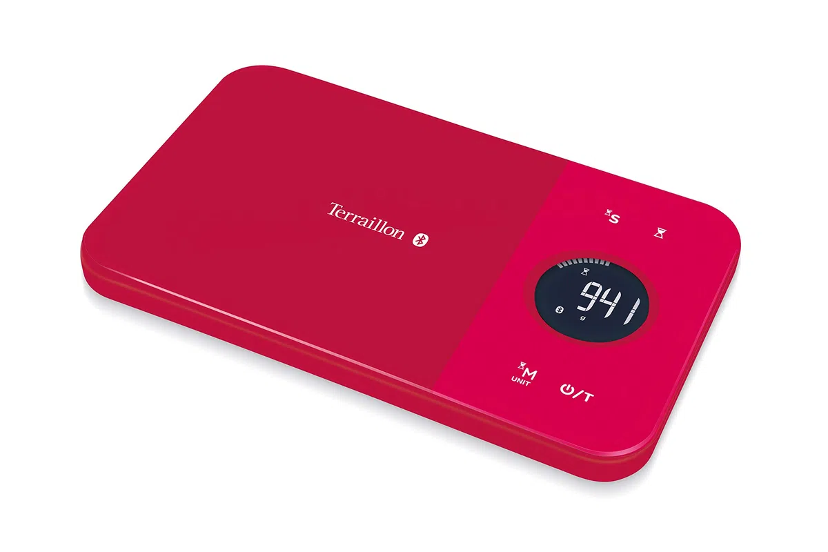 TERRAILLON - NUTRITAB - Bilancia da cucina con connessione Bluetooth, app MyHealth, piatto in vetro, portata 5 kg, precisione 1 g, scansione dei codici a barre, analisi del valore nutrizionale, rosso