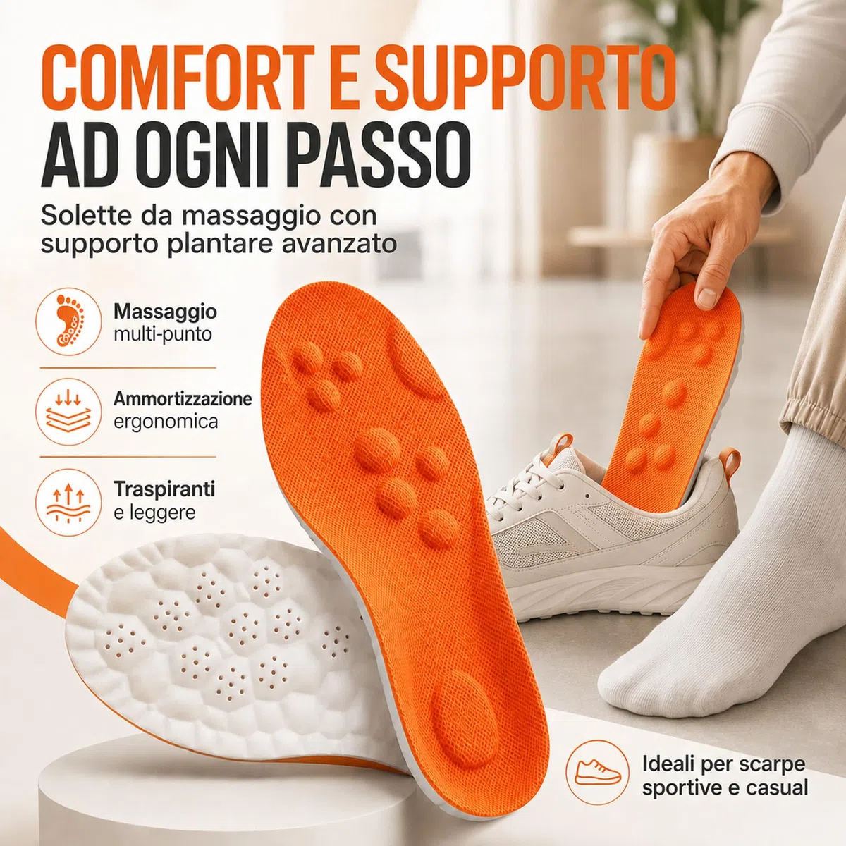 Plantari Stepvia Ortopedici Ammortizzanti, Traspiranti e Antiscivolo, Riducono Stanchezza e Dolore ai Piedi, Ginocchia e Schiena, Unisex Uomo Donna (Arancia, 43-44)