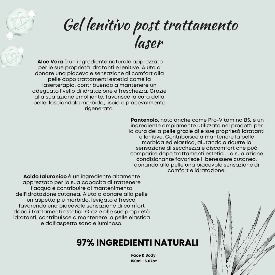 Gel idratante e lenitivo, post epilazione laser, dopo sole, dopo cera, con Acido Ialuronico, Pantenolo e Aloe Vera, 150 ml