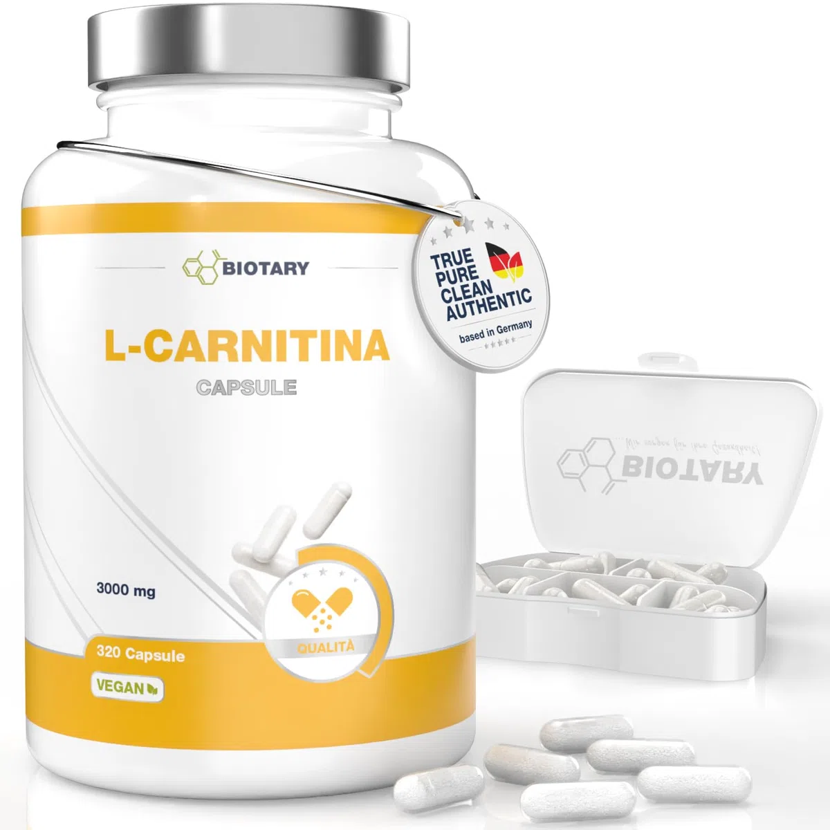 L-Carnitina 320 capsule 3000 mg a dose giornaliera scorta per 3 mesi portapillole incluso capsule ad alto dosaggio di L-carnitina 100% vegano testato in laboratorio
